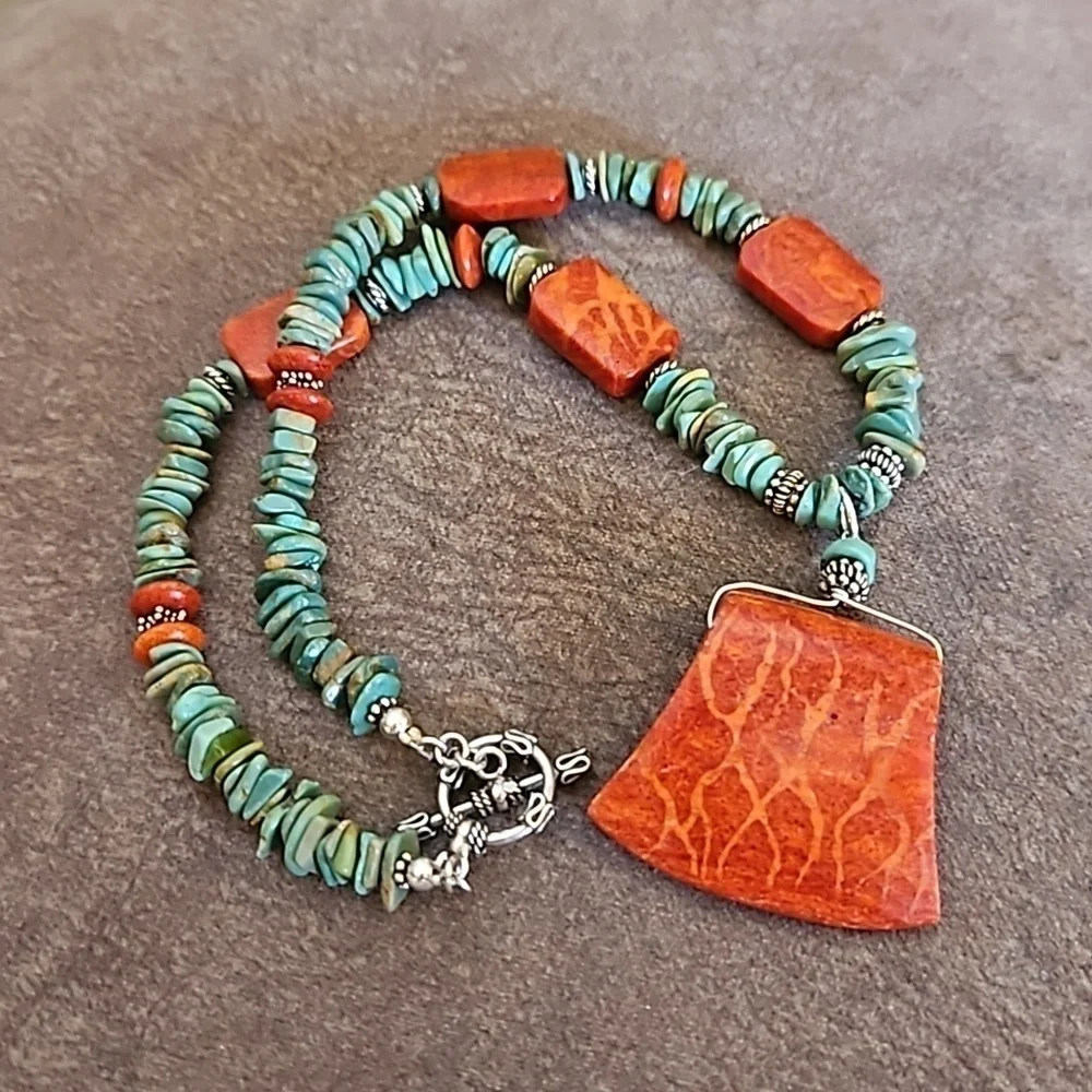 Vintage HANDMADE Coral and Turquoise Beaded Pendant Necklace